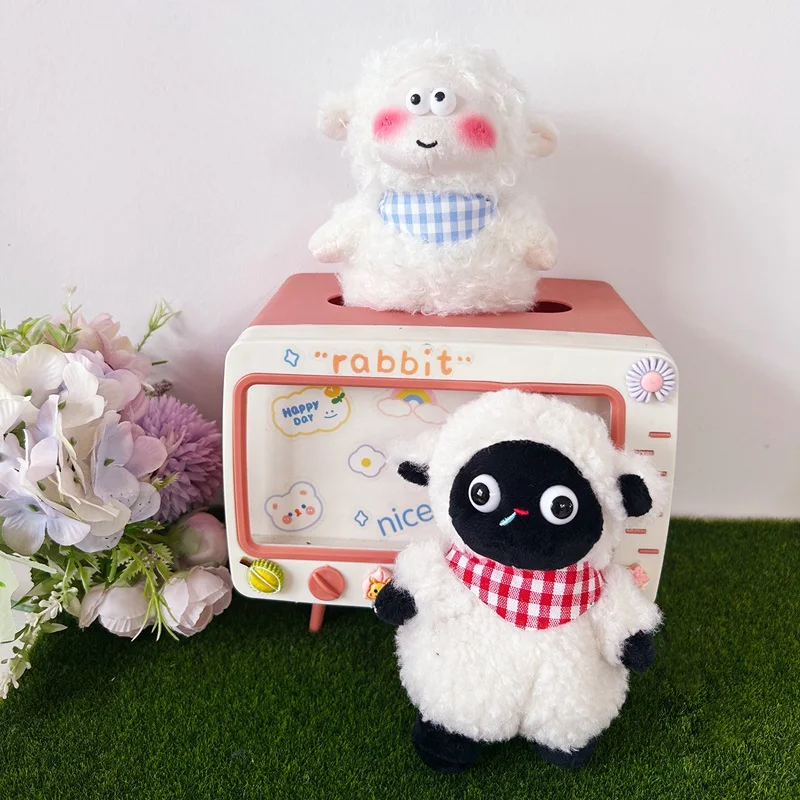 Sheep Plush Doll White Black Face Styles Blue Red Gingham Bib Pink Cheeks Round Eyes Cozy Bedroom Decor Soft Animal Gift