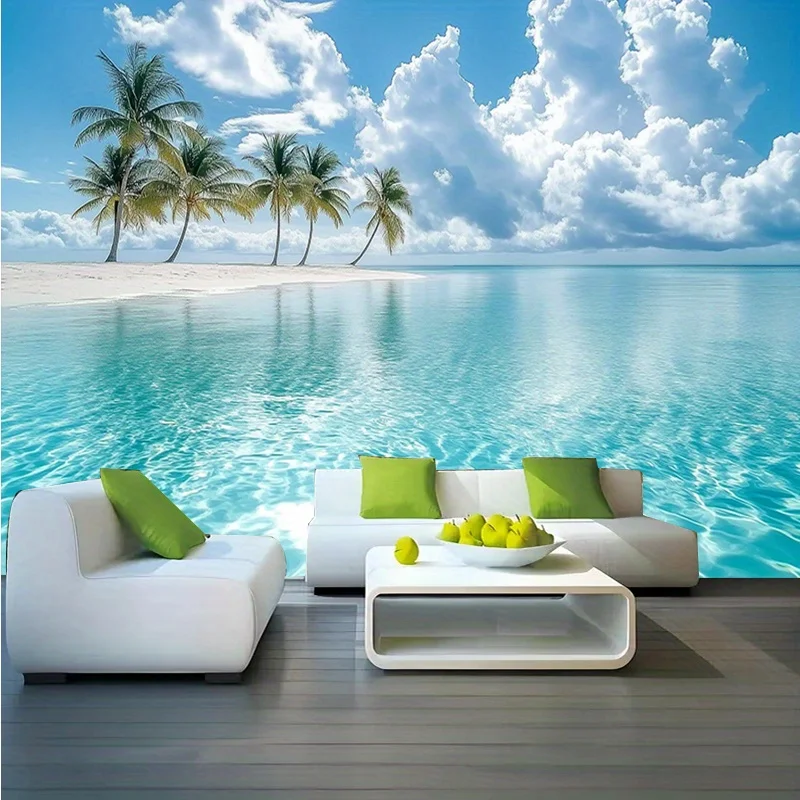 1 pieza de tela para fondo fotográfico - Tela estampada que representa una escena de playa tropical con cocoteros y aguas azules transparentes
