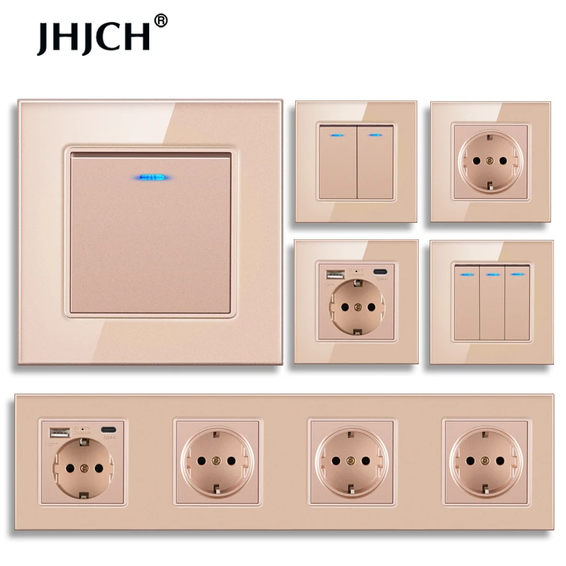 

Jhjch 16A EU Standard Wall Socket Crystal Glass Panel Power Outlet Grounded With Child Protective Door golden