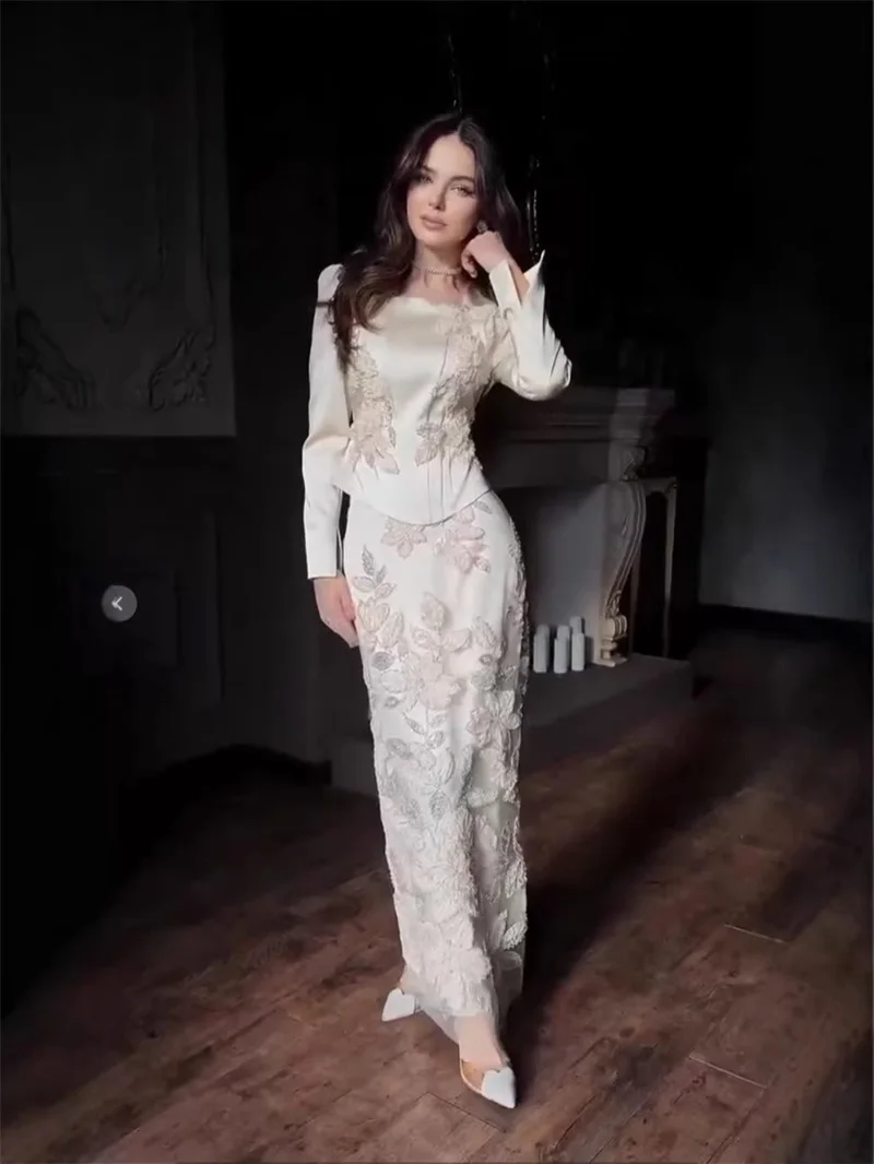 Sexy Beige Prom Dress Floral Lace Full Sleeves Long Party Gown Elegant Holiday Beach Formal Wedding Guest Birthday Evening Robe