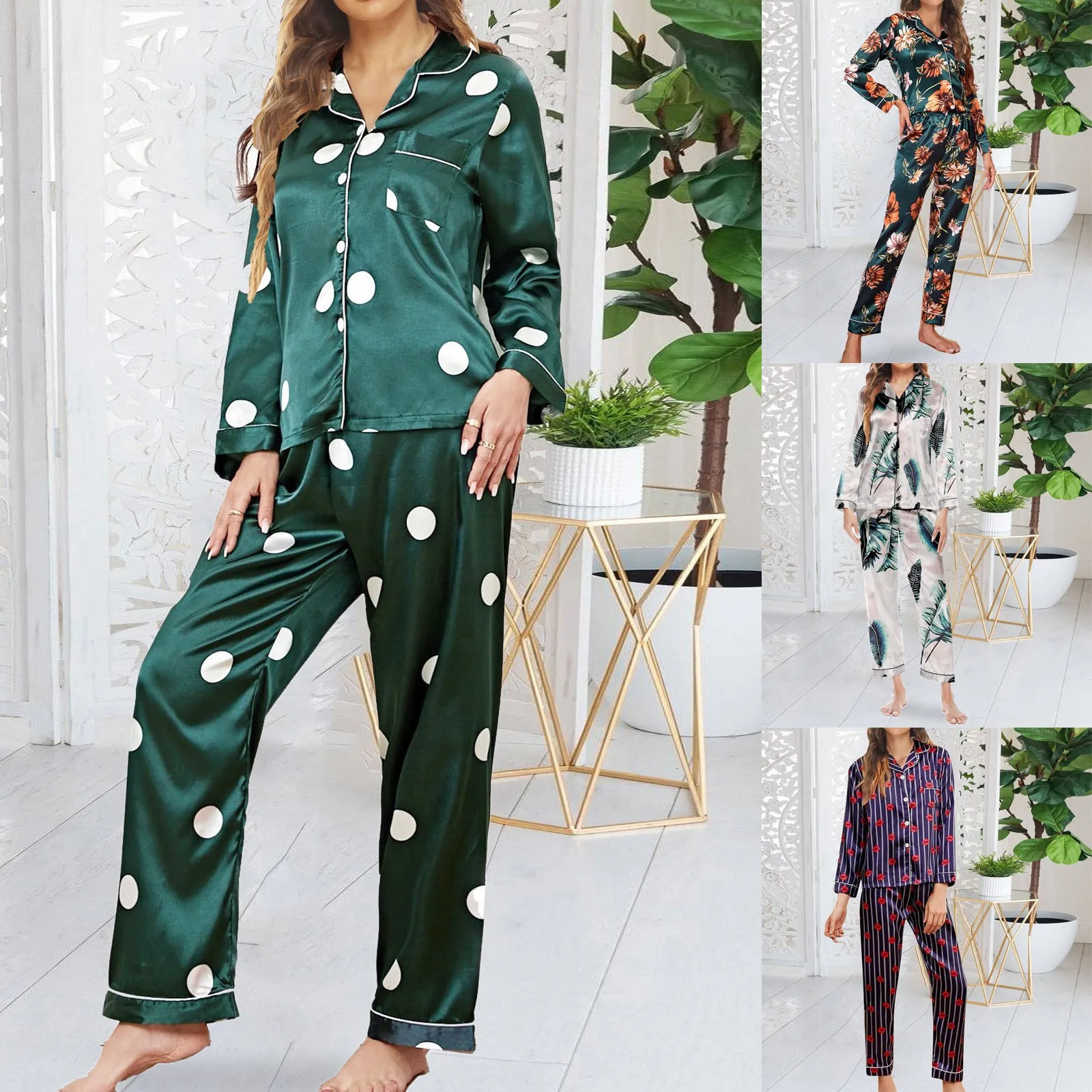 

Women Fashion Pajama Prints Sets Long Sleeve Button Down Sleepwear Nightwear Soft Sets Pajama Bottom