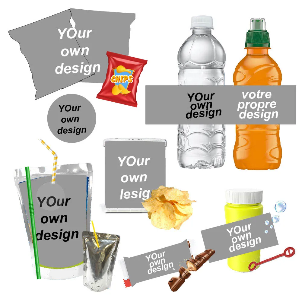 Custom Design Your Own Image Juice Pouch Labels Waterproof Favor Tag Water Bottle Candy Wrapper Treat Box Sticker Birthday Decor