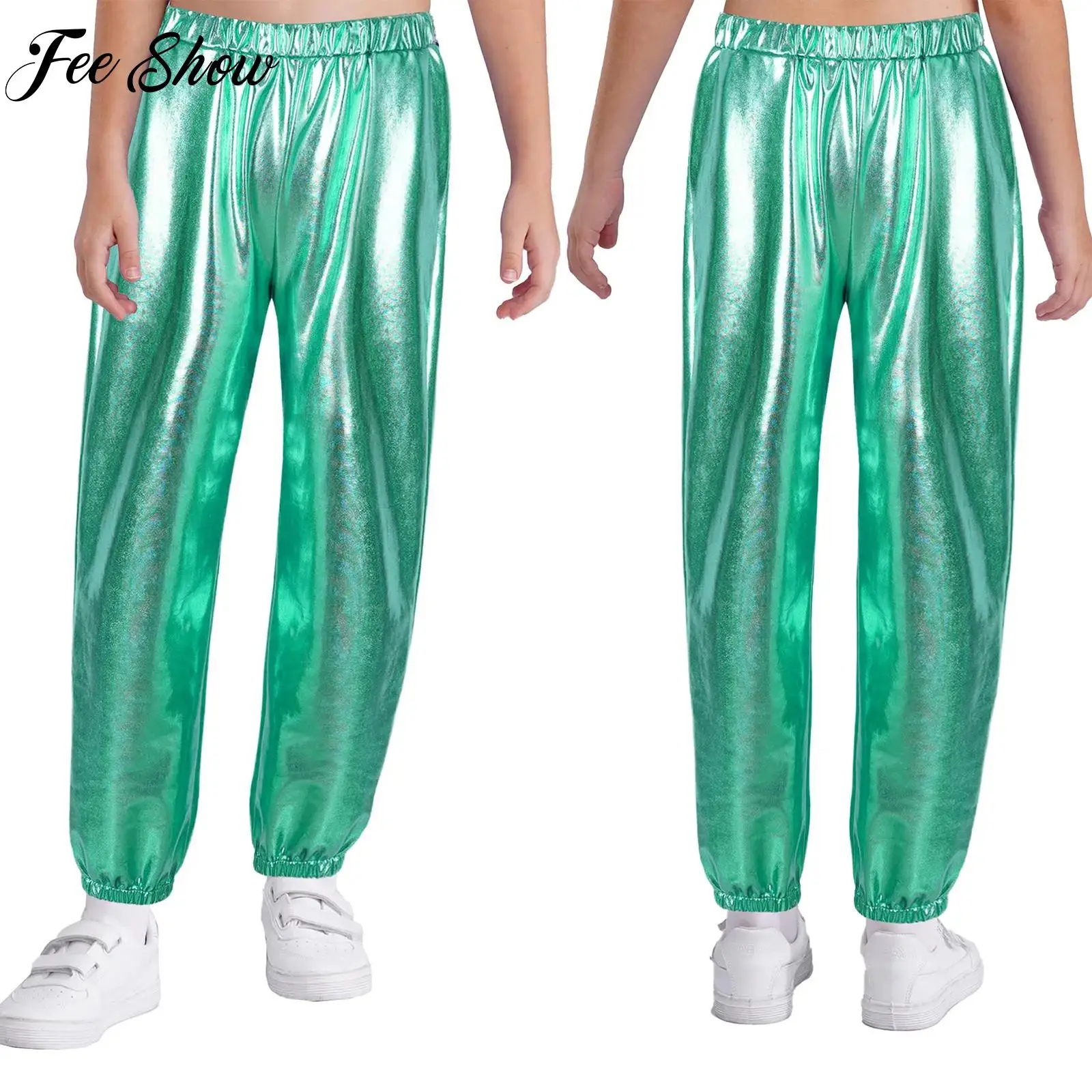 

Kids Girls Glossy Metallic Elastic Jazz Dance Pants Teen High Waist Hip Hop Trousers Child Streetwear Stage Dancewear Sweatpant