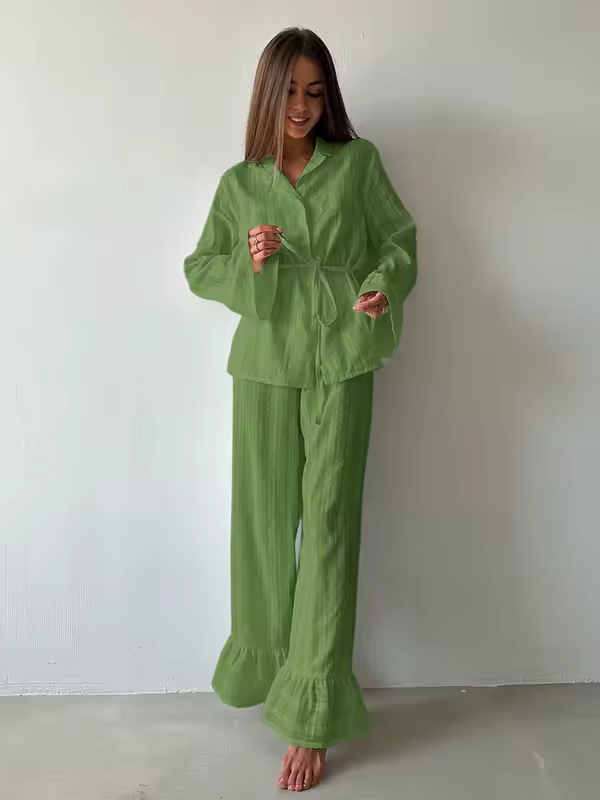 Marthaqiqiq Casual Women Nightgown 2 Piece Suit Long Sleeve Nightwear Turn-Down Collar Sleepwear Pants Loose Home Clothes Ladies - Image 7