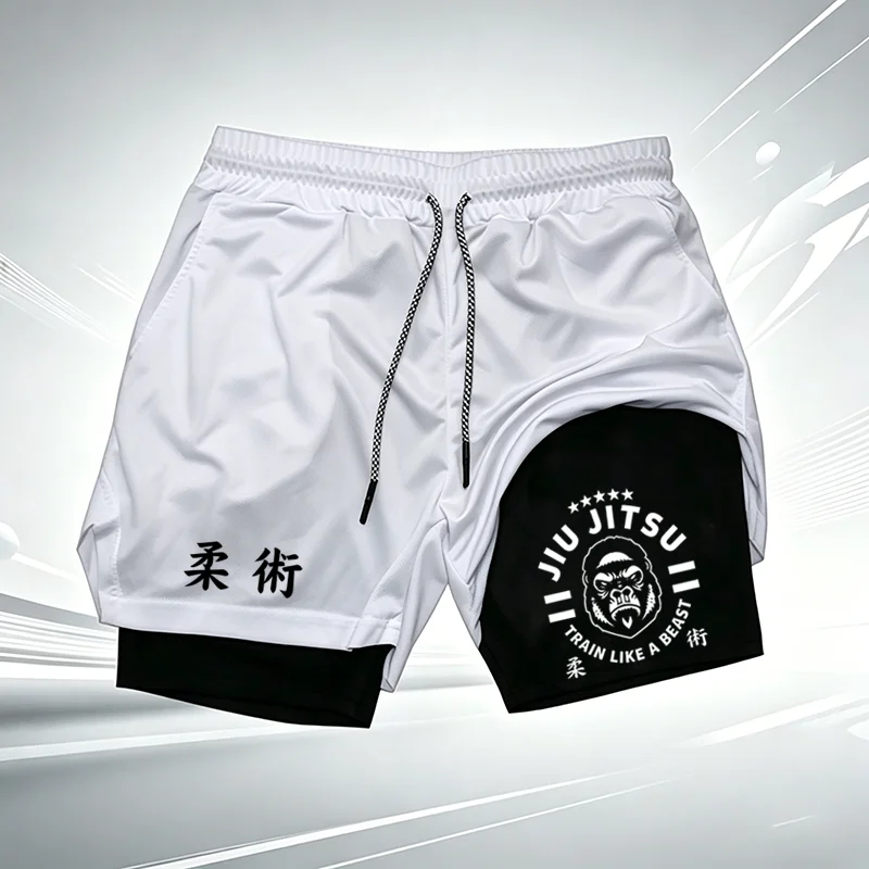 Men 2‑in‑1 BJJ Jiu‑Jitsu Sports Shorts Quick Dry Shorts Compression Liner MMA Training Gym Workout Fitness Short Pants W355