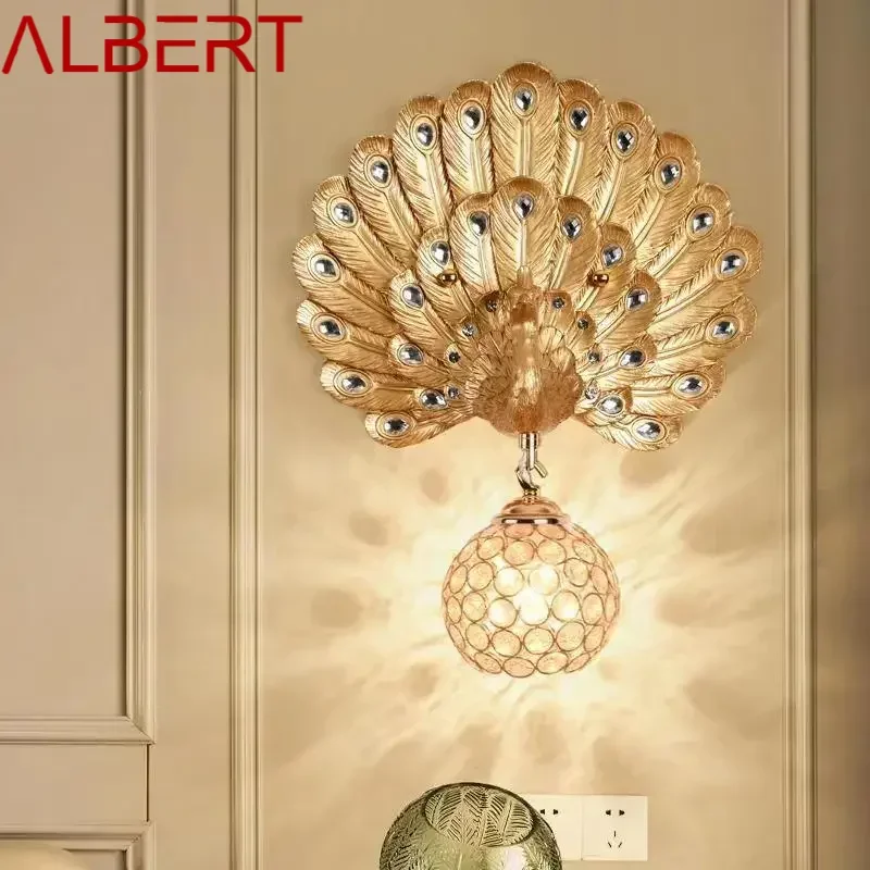 ALBERT Contemporary Resin Peacock Wall Light LED Gold Creative Crystal Sconce Lamps For Home Living Room Bedroom Decor