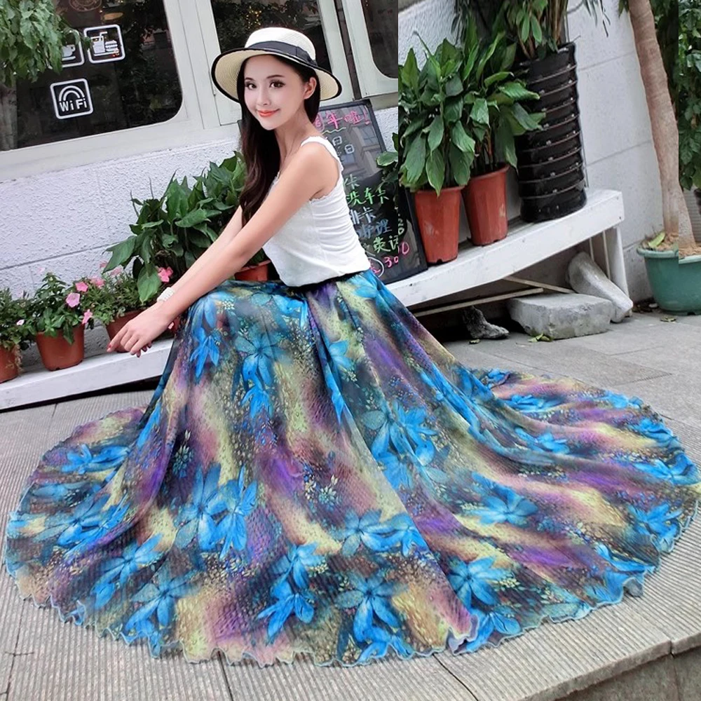 Summer Chiffon Flowers Print Holiday Bohemia Maxi Skirt Vacation Beach Korean Elastic Waist Long Skirts For Woman boho