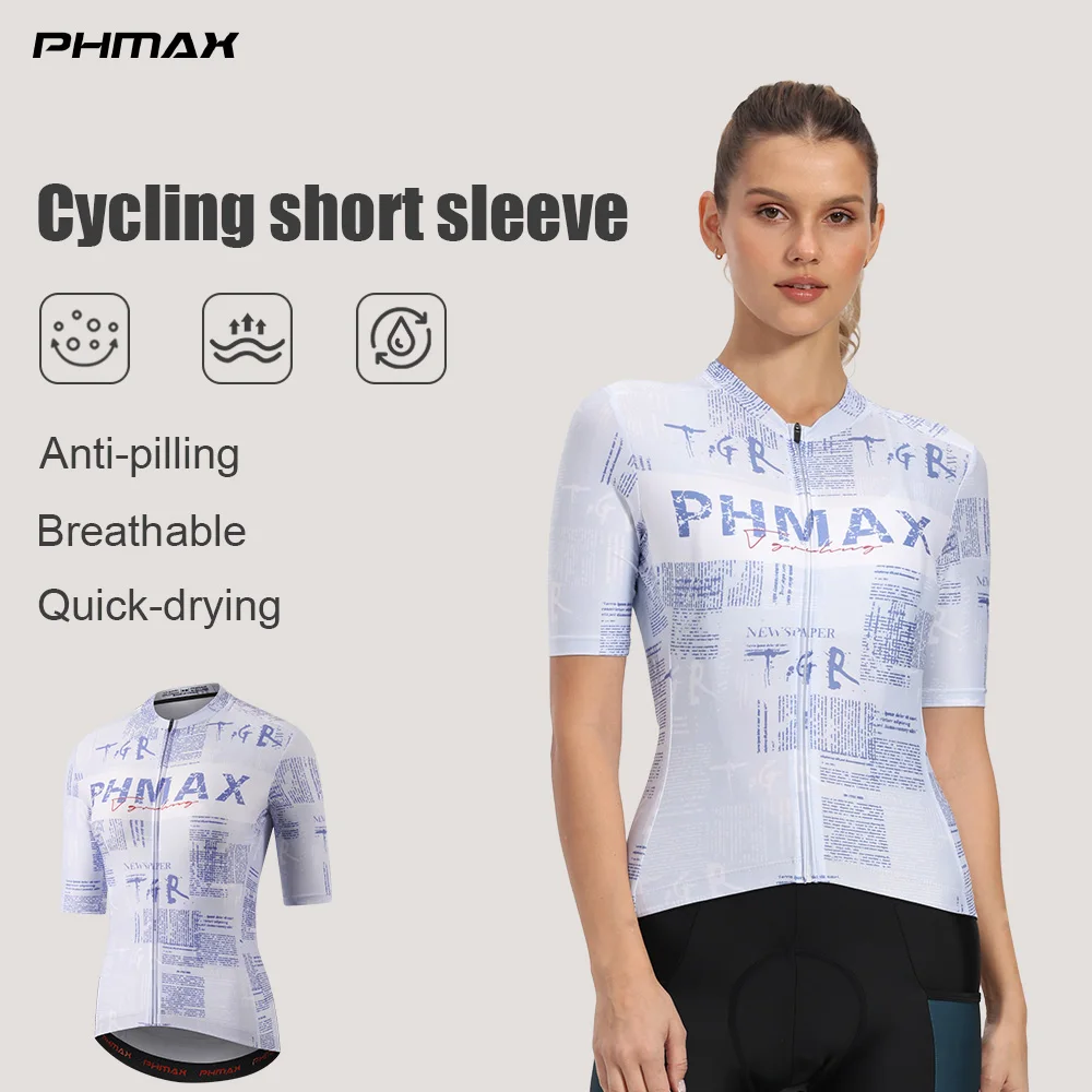 PHMAX Damen-Radtrikot, atmungsaktiv, schnelltrocknend, Damen-Radbekleidung, Profi-Rennradtrikot, MTB-Renntrikot, Fahrradshirt mit Zeitungsmuster.