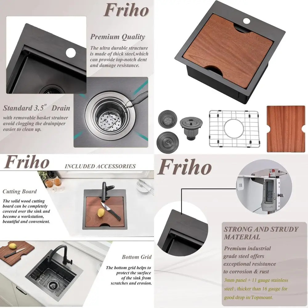 

15x15 Inch Stainless Steel Single Bowl Top Mount Kitchen Sink, Handcrafted Bar Prep Sink with Cutting Board for Outdoor RV Use