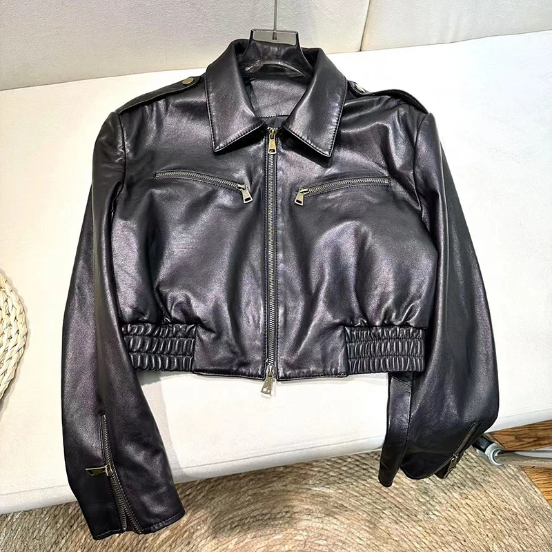 Retro Brown Sheepskin Motorcycle Jacket Women's Genuine Leather Jacket 2026 Spring Fashion Casual Black Short Leather Coats Tops