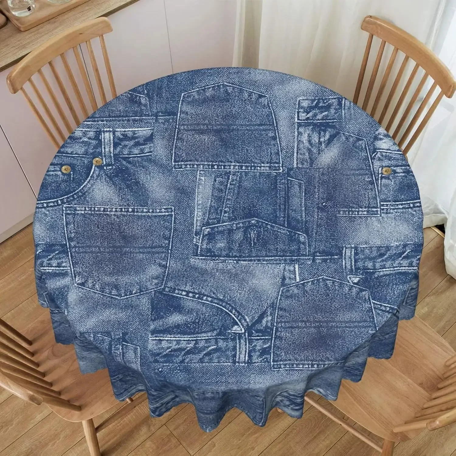 Indigo Patchwork Denim Print Circle Tablecloth - Romance Casual Style Washable Party Dining Cover