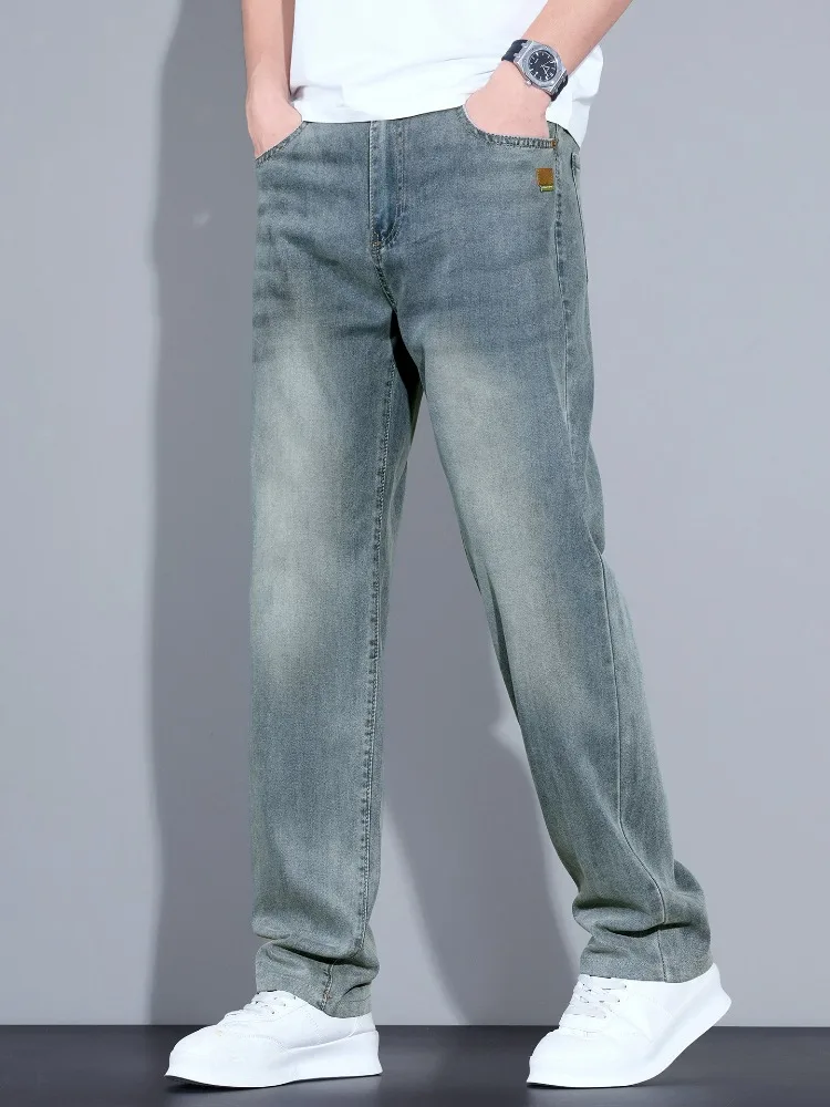 Lyocell Ice Silk Jeans Men's Fashion Korean Ultra-Thin Denim Pants Soft Drape Comfortable Business Straight Casual Trousers