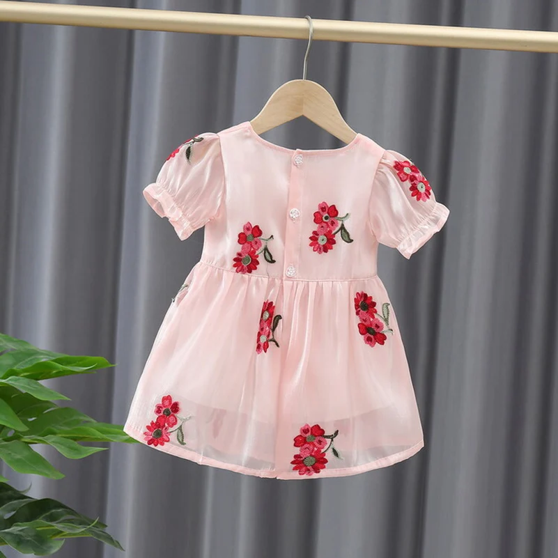 Summer 2024 Girls\' Fashion Casual Solid Color Big Flower Princess Dress Short sleeved Dress 1-4 Years Old