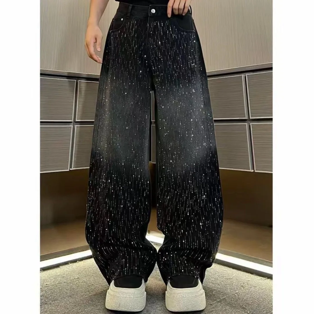 

Женские джинсы с высокой талией и широкими штанинами, осенне-зимняя коллекция, винтажный дизайн, градиентный цвет, декоративные стразы, джинсовые брюки.