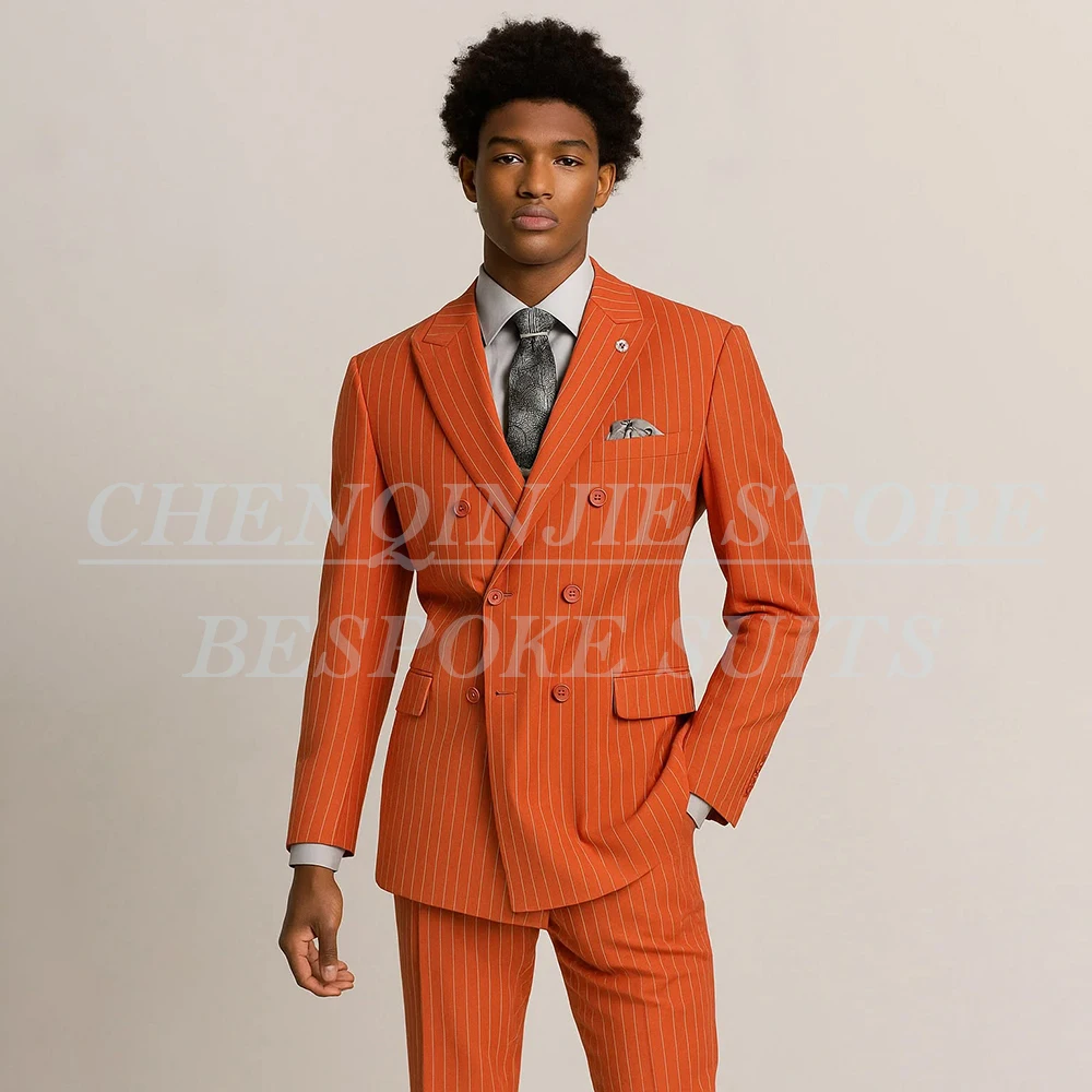 

Luxury Stripe Men's Suits Elegant Double Breasted Peak Lapel Slim Fit 2 Piece Jacket Pants Sets HigH Quality Male Clothing