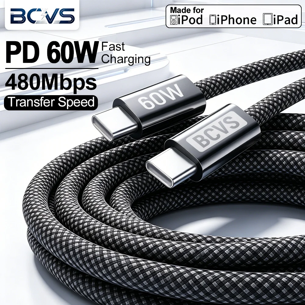 BCVS 5Pack 60W Type C Cable For iPhone 15 USB C PD Fast Charging Charger Wire Cord For Macbook Samsung Xiaomi Type C USB C Cable