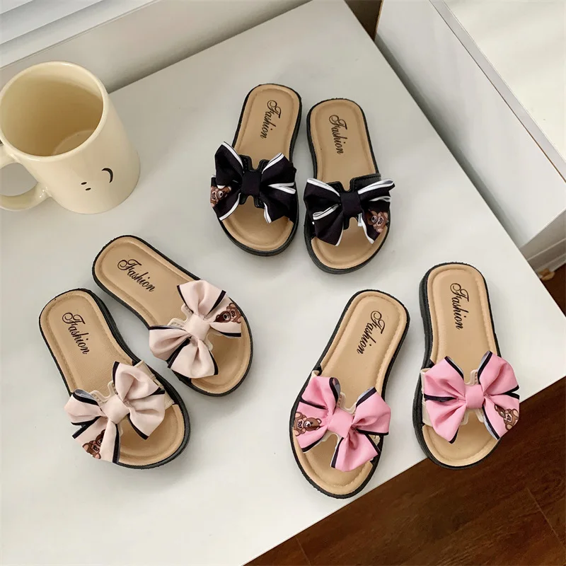 2026 New Summer Kids Girls Slippers Soft Sole Non-slip Bow Toddler Princess Slide Sandals Summer Beach Baby Shoes