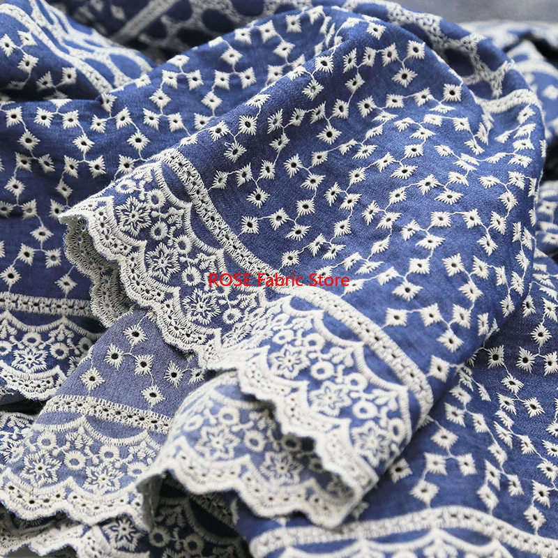 Tessuto di cotone blu con ricamo floreale per abito Boho, abito da sposa, abito estivo, gonna