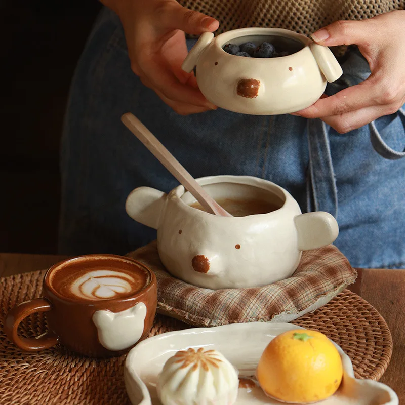 Cute Bear Ceramic Dinnerware Set Cream Style Hand Pinched Breakfast Plate Mug Bowl For One Person Meal