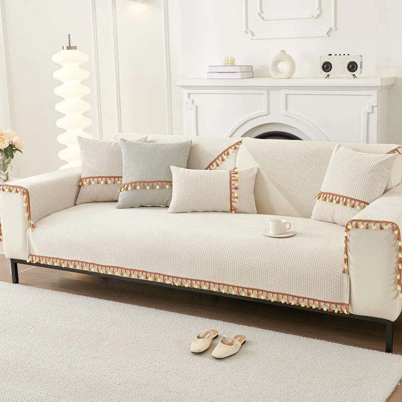 Chenille Sofa Cushion Cover Universal Non-Slip Fixed Straight Row All-Seasons Slipcover for Home Comfort