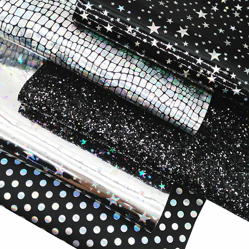 Black Glitter Leather Sheets Iridescent Stars Dots Glossy Patent Faux Leather Crocodile Faux Leather Fabric For DIY 21x29CM Y482