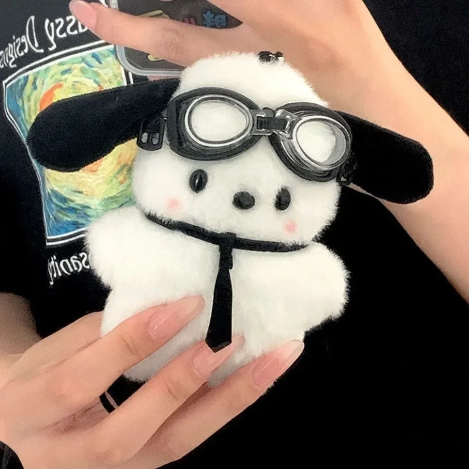 Kawaii Pilot Dog Keychains Plushies Sanrio Keychain Cute Pochacco Bow Keyring Car Mirror Decoration Bag Pendant Christmas Gift