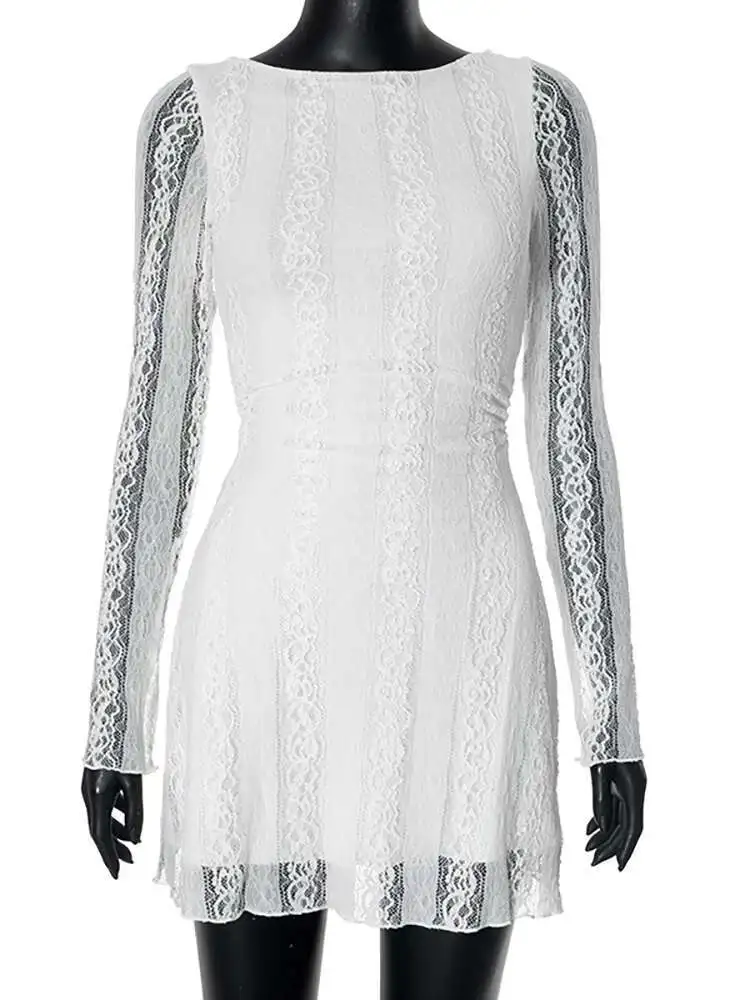 BabYoung Abito sexy trasparente a doppio strato in pizzo da donna bianco a maniche lunghe con scollo tondo Abito autunnale sottile ed elegante per le vacanze