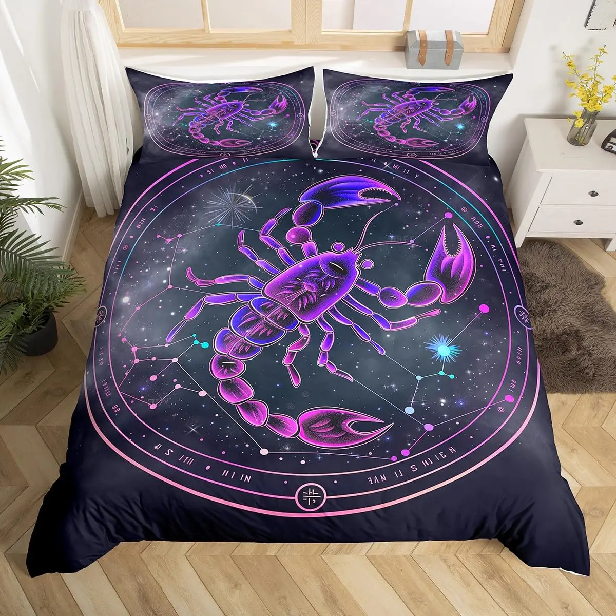 Gemini Duvet Cover King,Boho Starry Constellations Astrology Zodiac Comforter Cover Mandala Flower Neon Blue Glitter Bedding Set