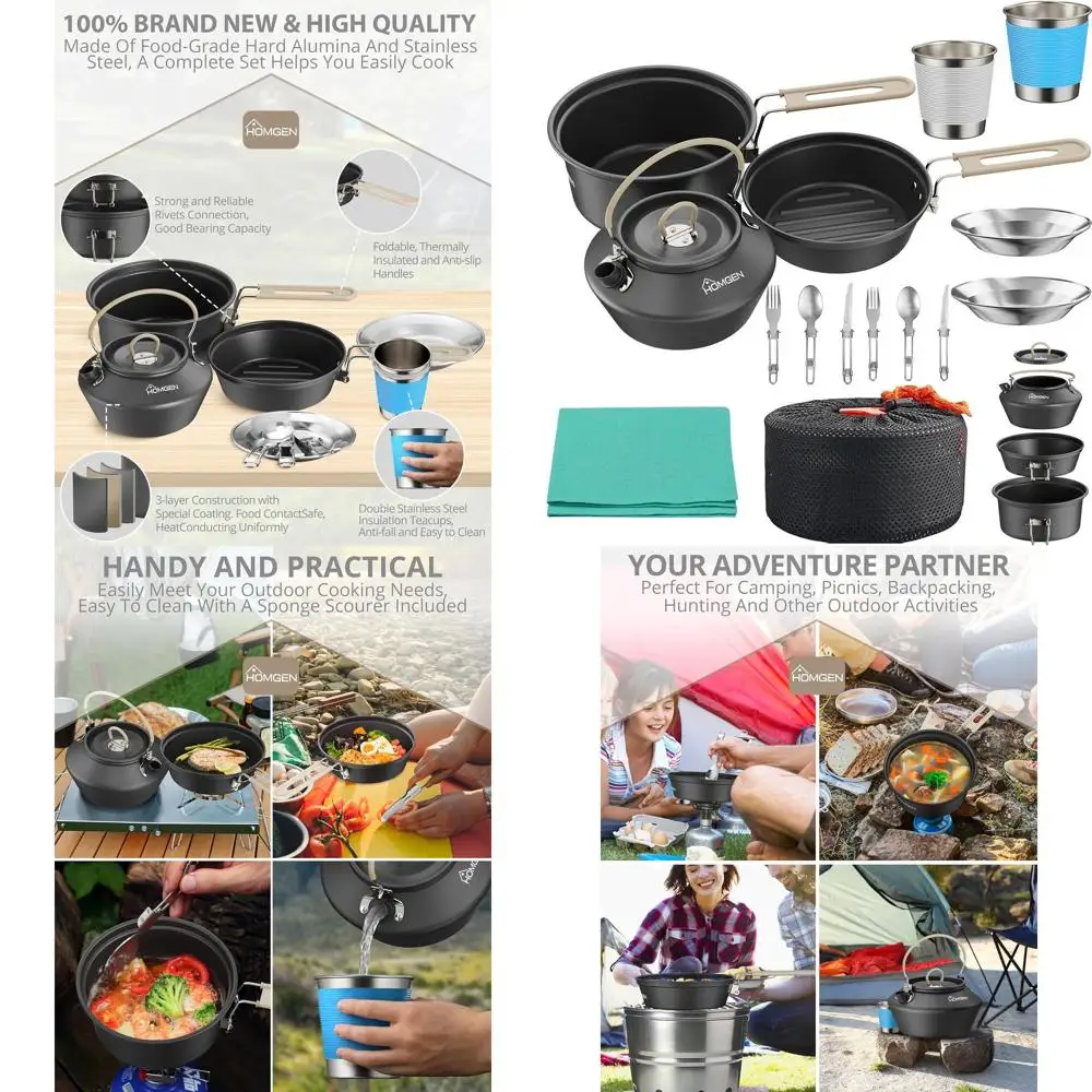 

Compact Camping Cookware Set for 2-3 - Includes Non-Stick Pot, Frying Pan, Kettle, Plates, Cups, and Bag for Hiking and Outdoor