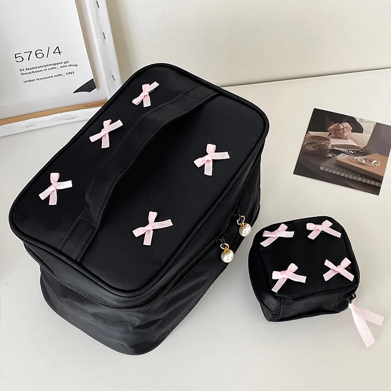 Simple Bow Black Makeup Bag Portable Zipper Storage Bag Pencil Case Cosmetic Organizer Travel Toiletry Case Handbag Girl Gift