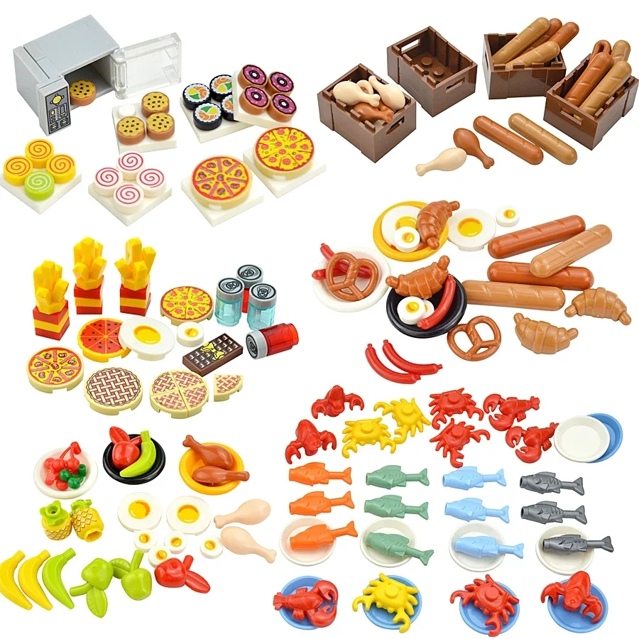 Hamburger Fries Bread Pizza Cake Dessert Food Chocolate Fish Cookies City Mini Food Toys Building Blocks MOC Bricks Kids Gift