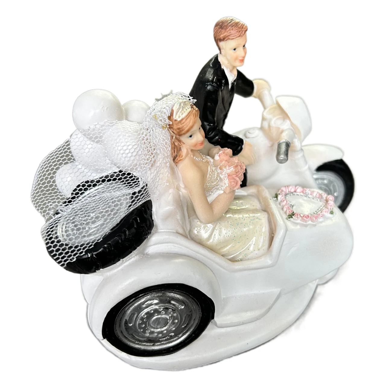 Hand-Painted Wedding Cake Accessory with Bride and Groom on Motorcycle