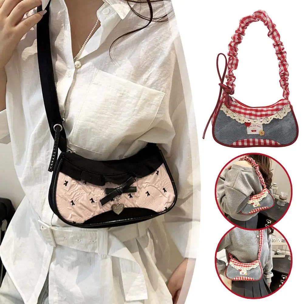 

New Cute Checkered Handbags Sweet Lace Underarm Bag Bowknot Armpit Shoulder Crossbody Bag Y2k Fashion Casual Shoulder Bag