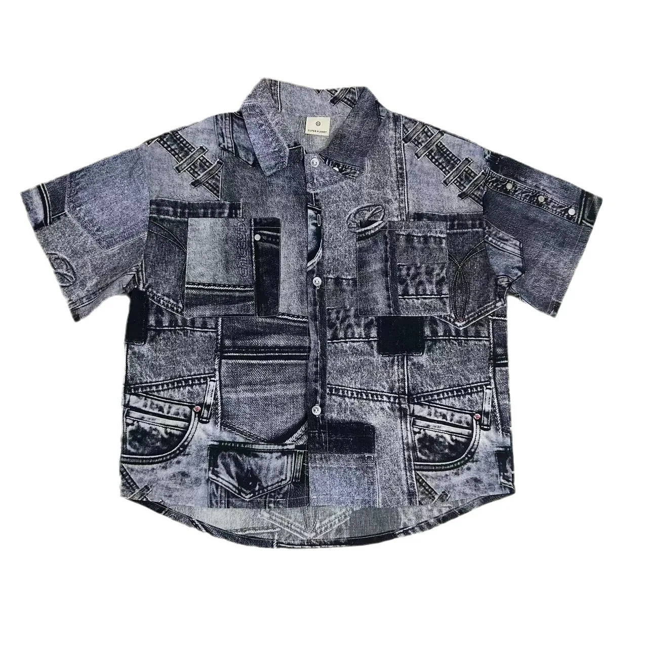 Children Clothing Handsome Personality Casual Shirt 2024 Summer Boys Soft Cotton Breathable Denim Printed Short Sleeved Shirt