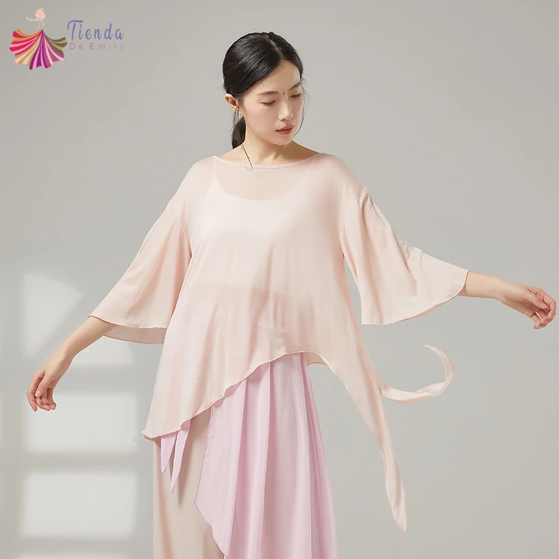 

Классическая танцевальная футболка, женская рубашка с расклешенными рукавами 3/4, свободная туника Hanfu, повседневная блузка, тренировочный костюм, сценическая одежда