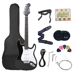 Guitarra Eléctrica ST de 21 trastes, 6 cuerdas, cuerpo de tilo negro de 39 pulgadas, cuello de arce con altavoz, piezas y accesorios necesarios para guitarra