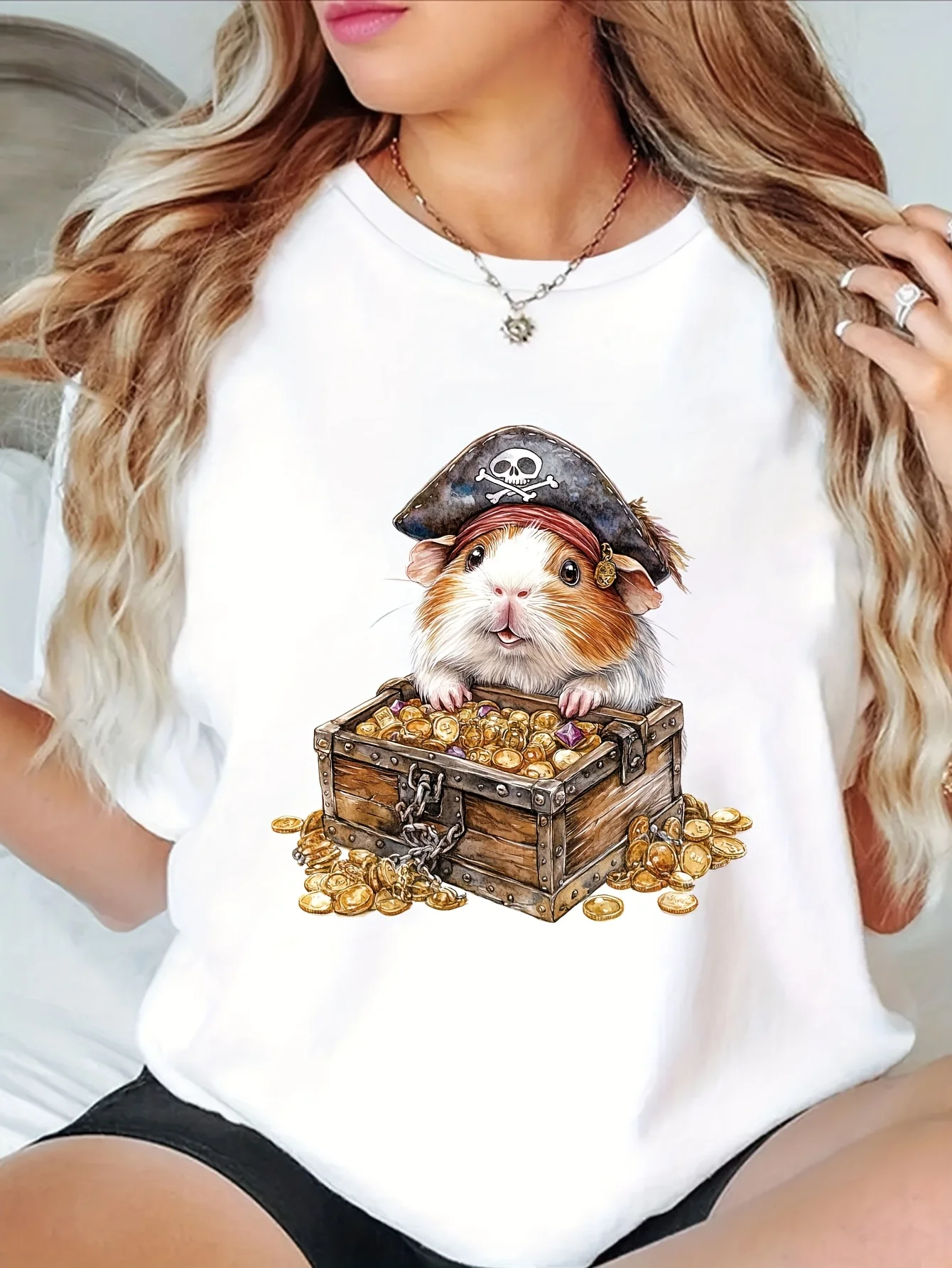 Cute Pirate Guinea Pig Treasure Chest Graphic T Shirt for Women Lightweight Summer Casual Top