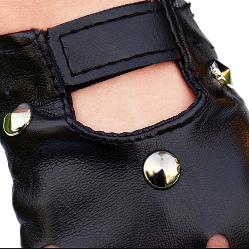 Gants courts sans doigts en cuir, mitaines noires RiSALE Stud Half Finger Fashion