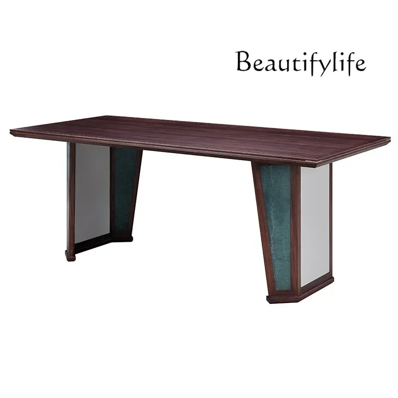 

U Modern New Chinese Solid Wood Rectangular Dining Table Restaurant Furniture Ebony Dining Table Leather Dining Chair Combinatio