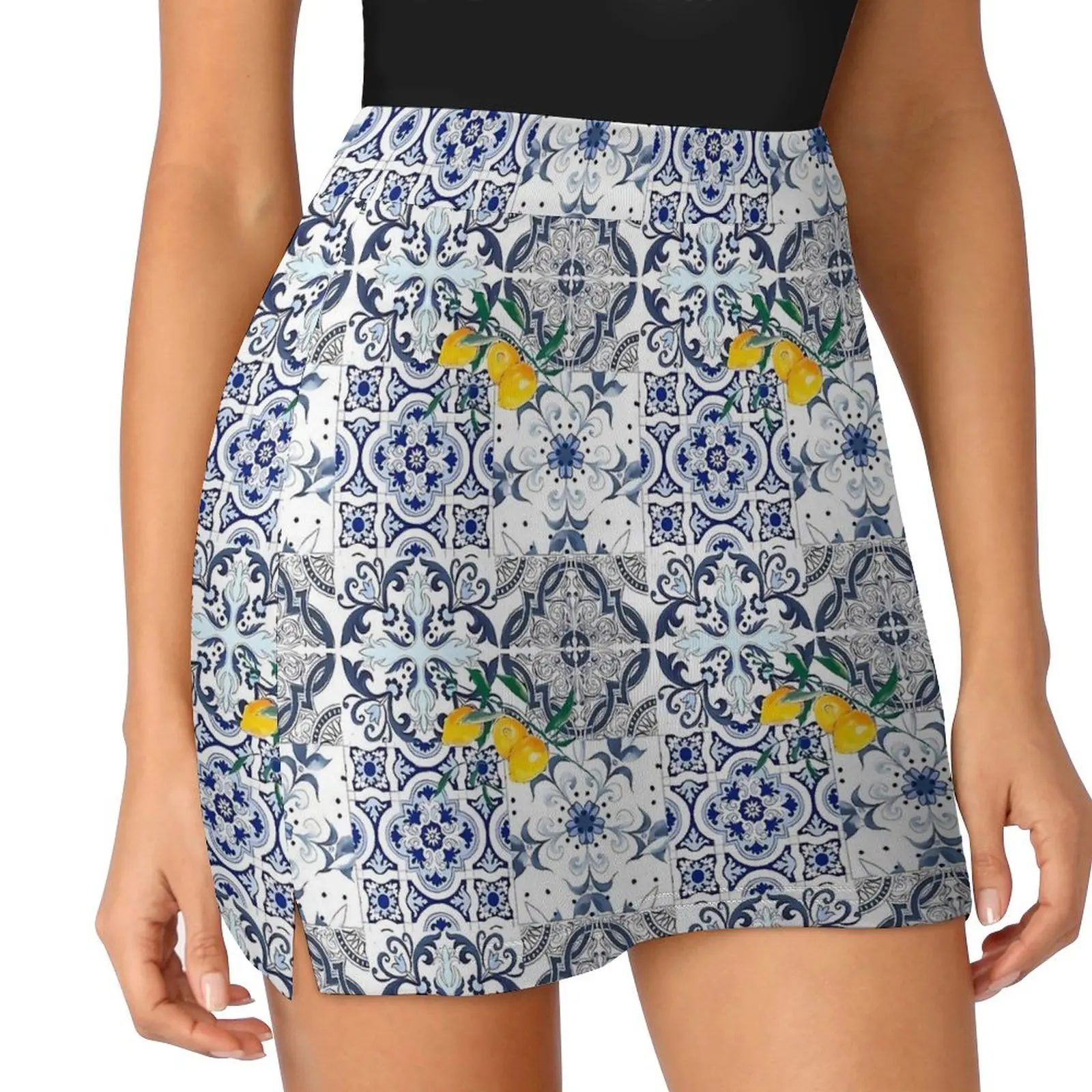 

Majolica Lemon Skirt Women Blue Flowers Cute Mini Skirts Summer Streetwear High Waist Pattern Big Size Casual A-line Skirt