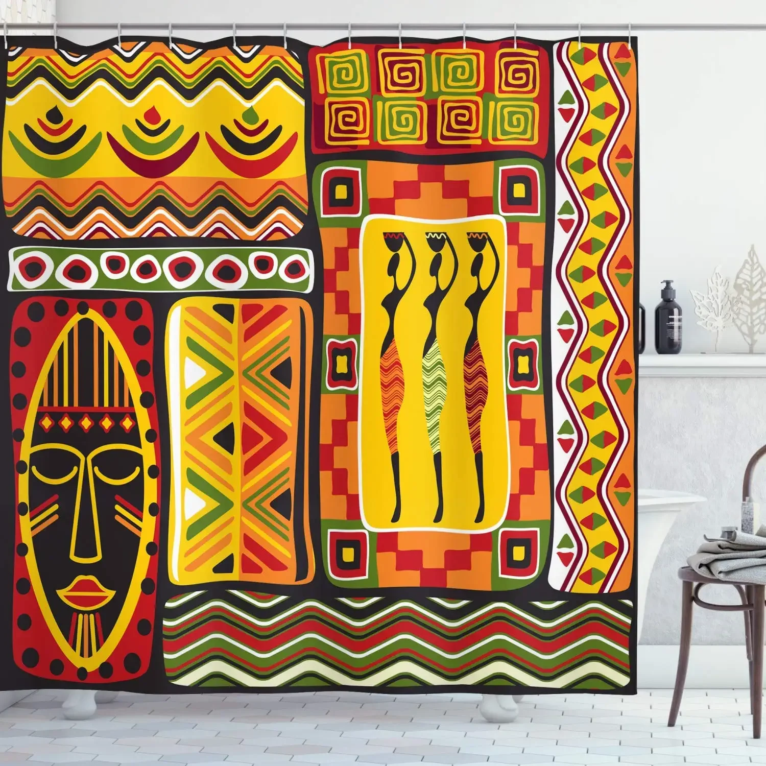 African Elements Decorative Historical Original Striped and Rectangle Shapes Artsy Work Polyester Bathroom Curtain