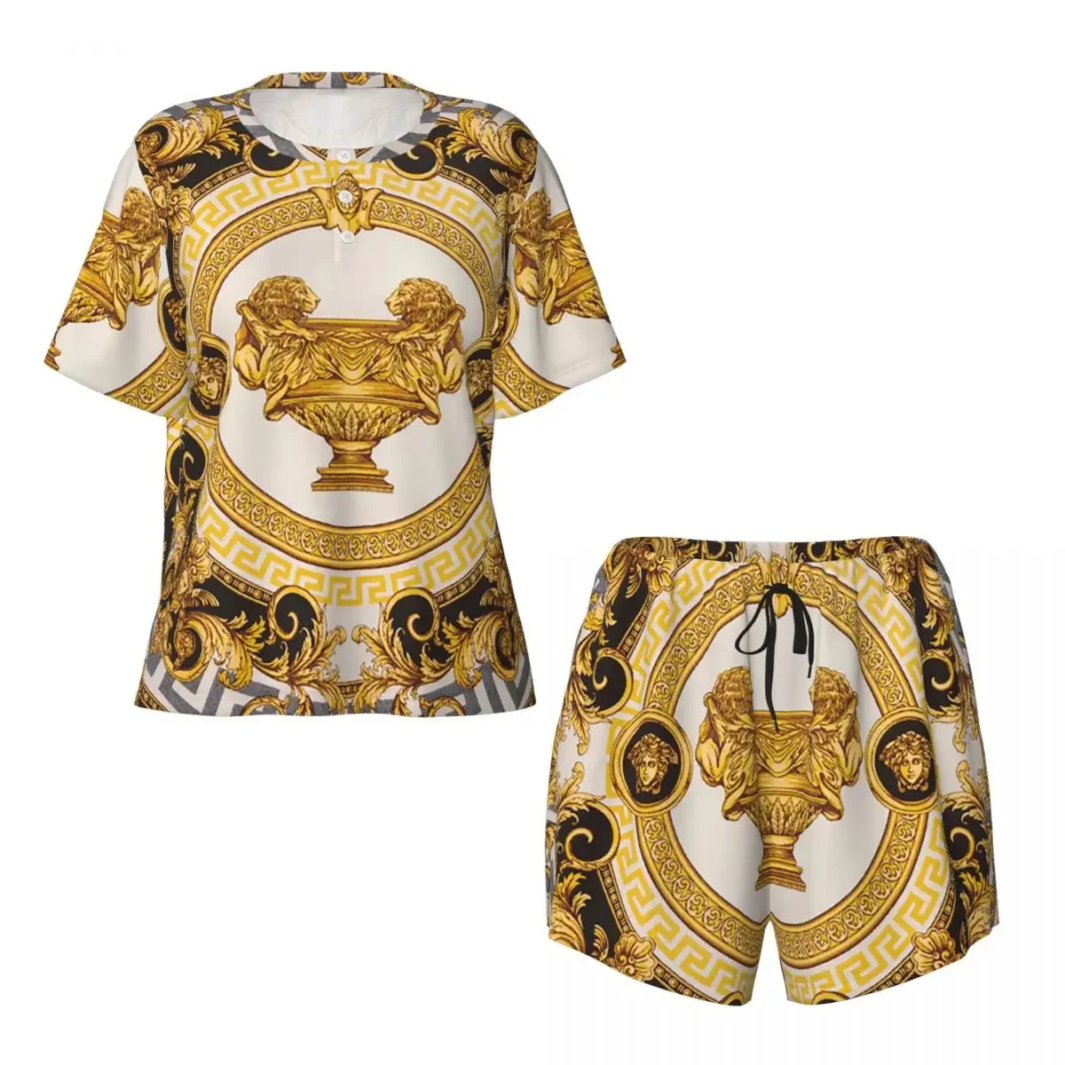 

Decorative Golden Medallion Baroque Round Neck Short Sleeve Nightgowns for Sleepshirts Women Soft Pajama Set Short Pants