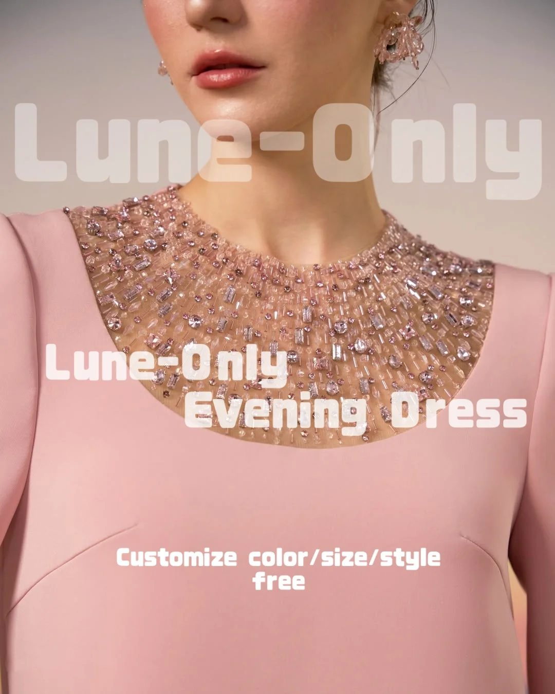 カスタマイズされた長袖ラインストーンゆったりとしたイブニングドレス高級ピンクエレガントなパーティードレスラウンドネックプロムフォーマルドレス