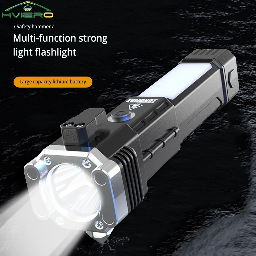 Strong Light Flashlight Multi Functional Outdoor Work Lamp COB USB Rechargeable Emergency Window Breaking Escape Safety Hammer