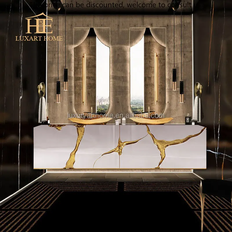 

Custom Luxury Bathroom Set Modern Stainless Steel Washstand With Gold Sink Washbasin And Cabinet Private For Villa