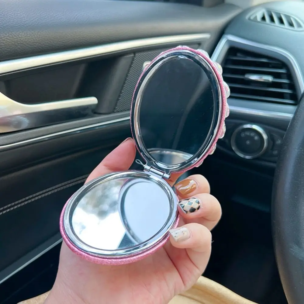 

Mini Full Rhinestone Camellia Makeup Mirror Oval Elegant Car Keychain Sparkling Folding Small Mirror Travel