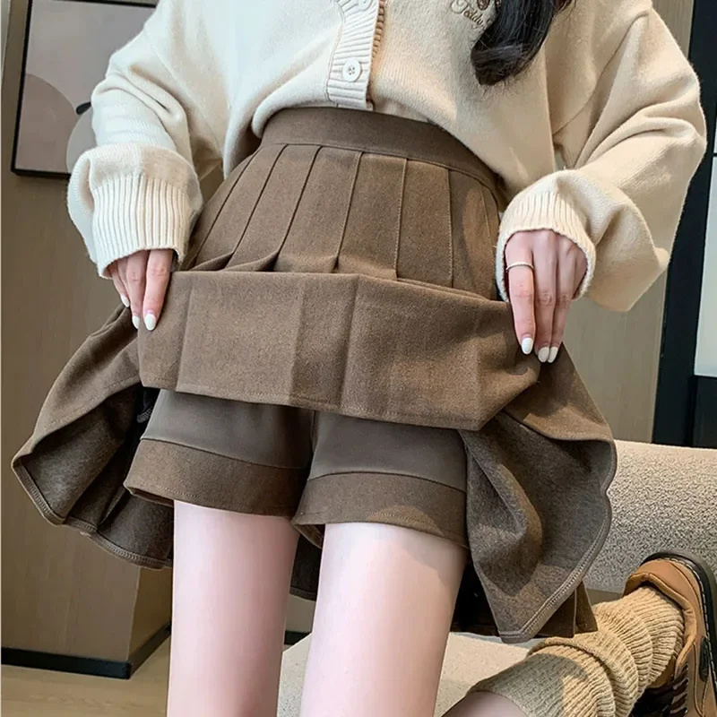 Women Pockets Woolen A-line Skirts Preppy Style High Waist Cute JK Pleated Skirts Autumn Winter Inner Shorts Thicken Mini Skirt