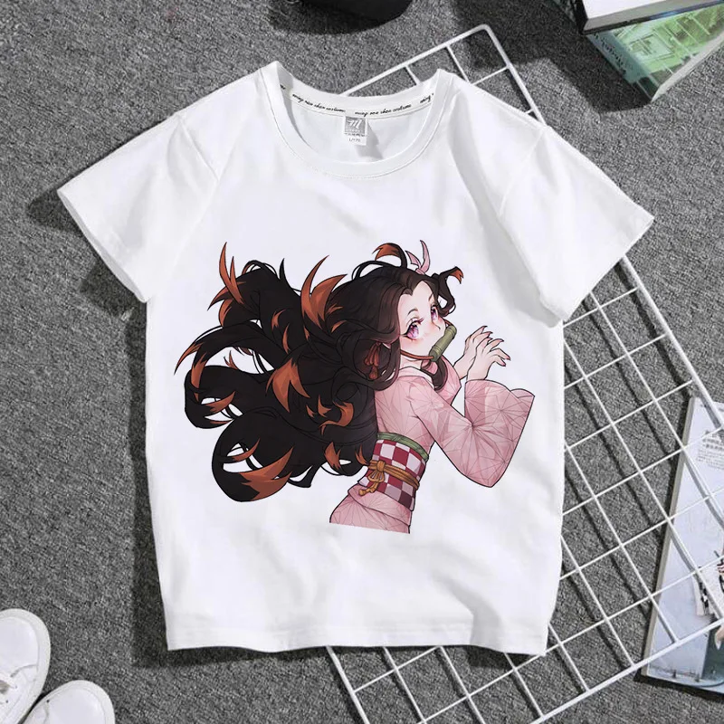 شيطان القاتل اليابانية أنيمي الكرتون القطن الخالص ملابس الأطفال الذكور والإناث الطلاب جولة الرقبة تي شيرت قصير الأكمام