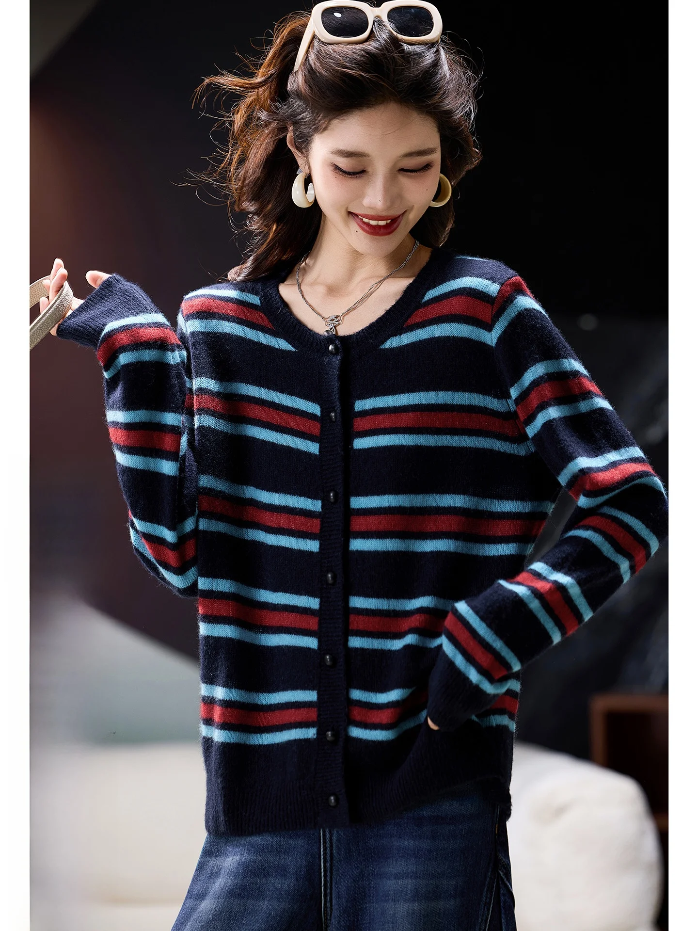 

Striped Knit Sweater Women's Loose Fit Woolen Top Street Sle Autumn New Arrival Large Size European Goods Casual Sweater