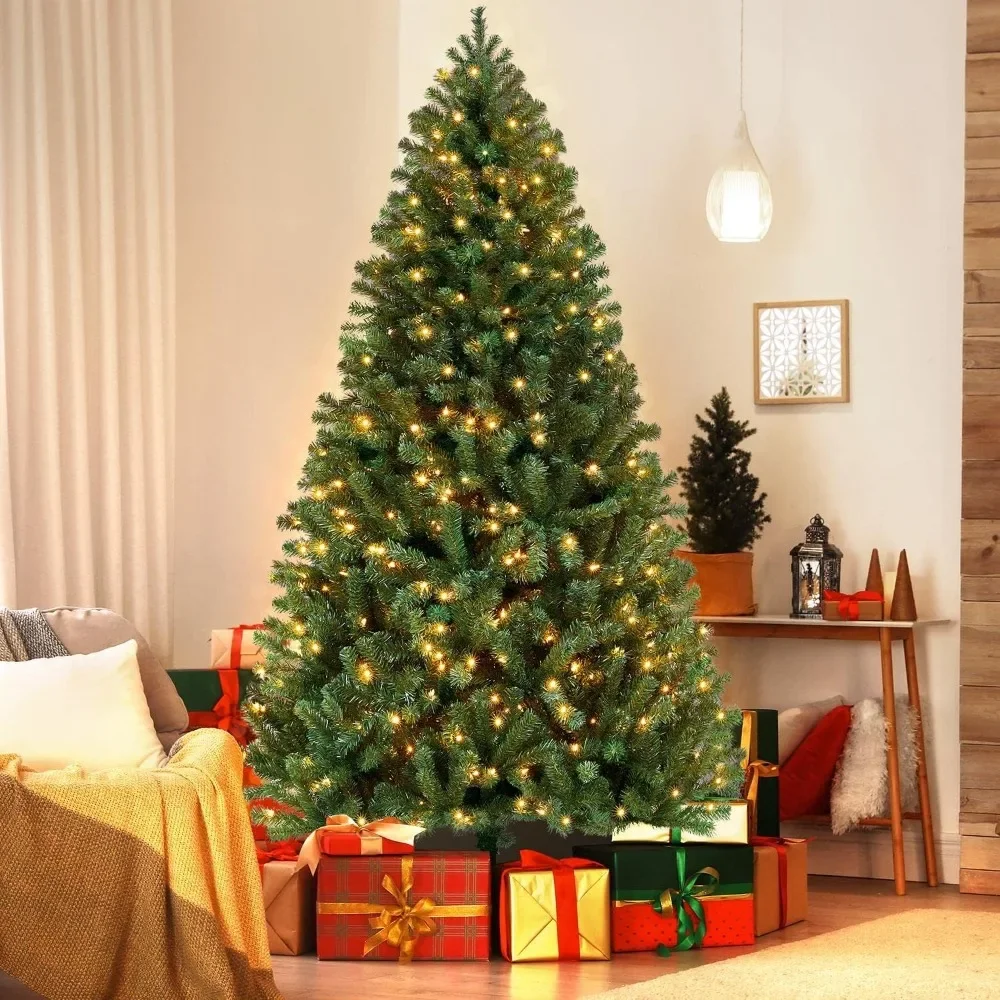 

7.5ft Prelit Artificial Hinged Christmas Pine Tree Prelighted Xmas Tree for Home Party Holiday Decoration